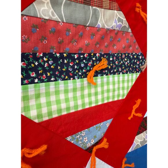 Vintage 60's Heavy Tied Scrappy Patchwork Quilt Red Blue 92.5x81" - Picture 5 of 16